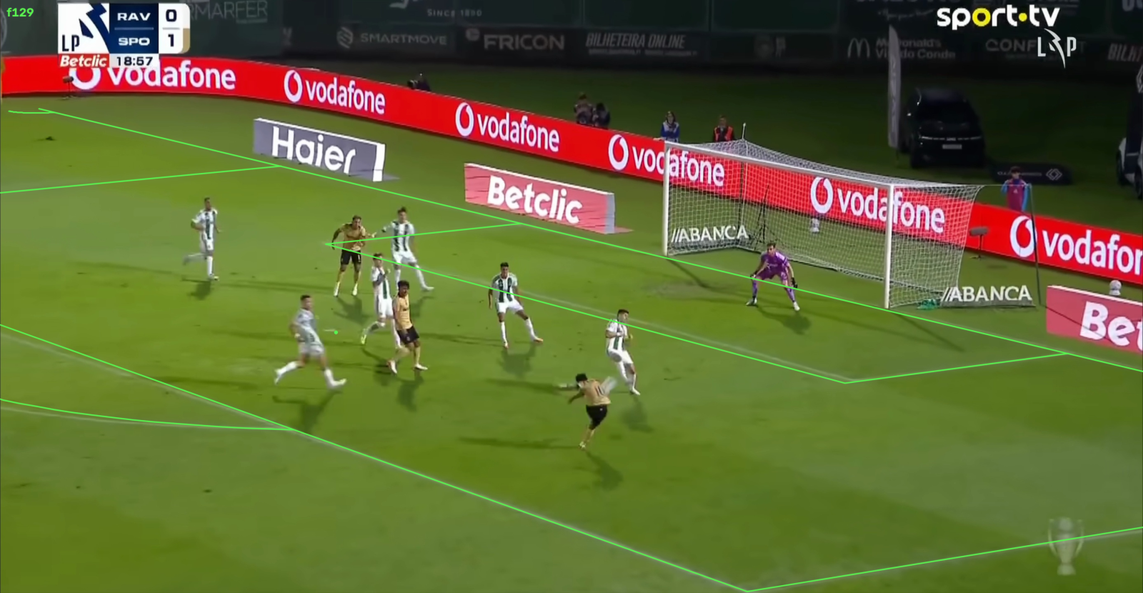 The pitch model reprojected onto the broadcast frame, lines landing on lines