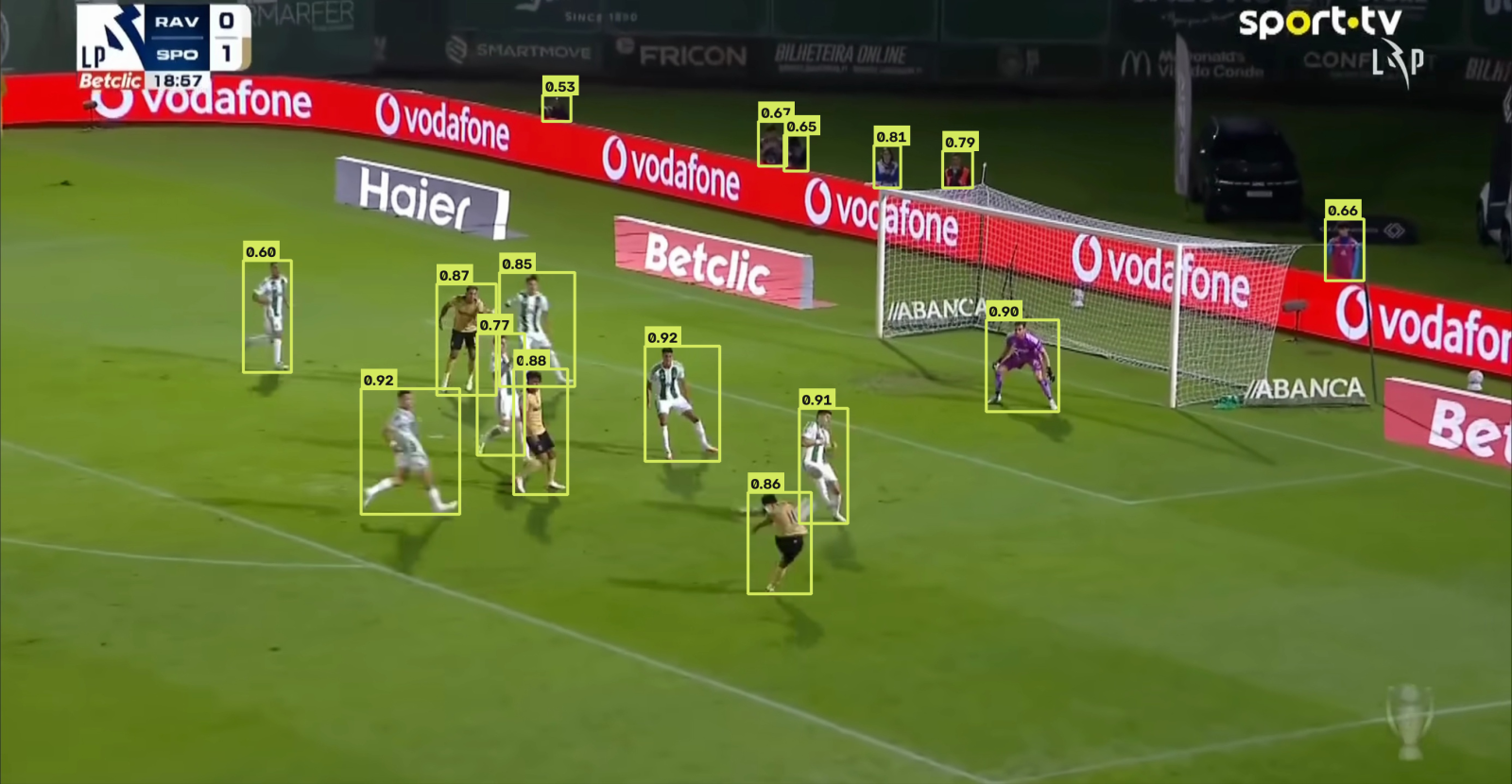 Detection boxes with confidence scores on one broadcast frame